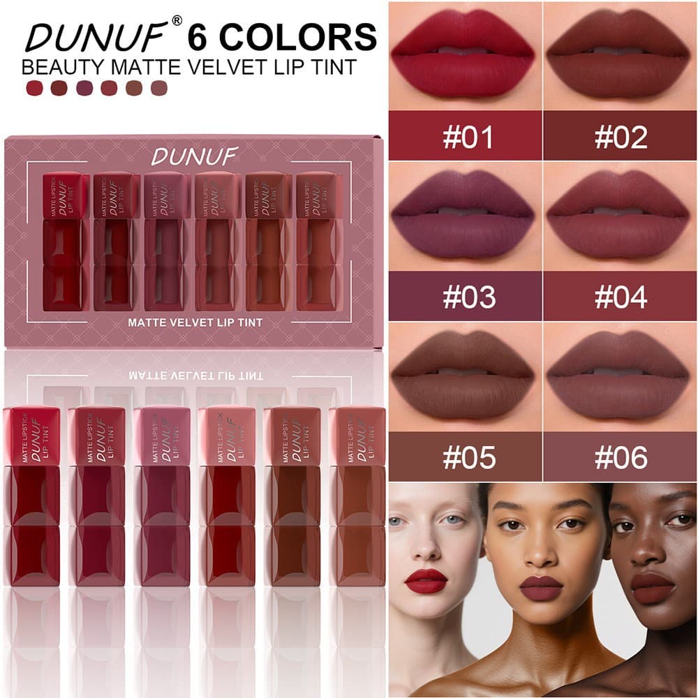 DUNUF Velvet Lip Gloss 6-Pack Square Tube Matte Lip Glaze Set Box, Easy to Apply Lip Mud Lipstick Cross-Border Cosmetics