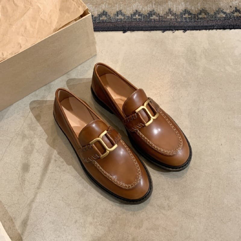 In stock ~ Genuine leather thick-soled gold buckle slip-on loafers for women, new retro round toe chunky heel British style leather shoes