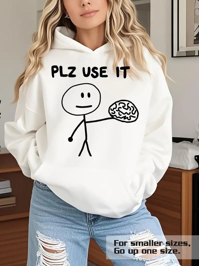 2025 Cross-Border Foreign Trade Fashion New Hooded Sweatshirt with Letter PLZ USE IT Loose Casual Long Sleeve Pullover