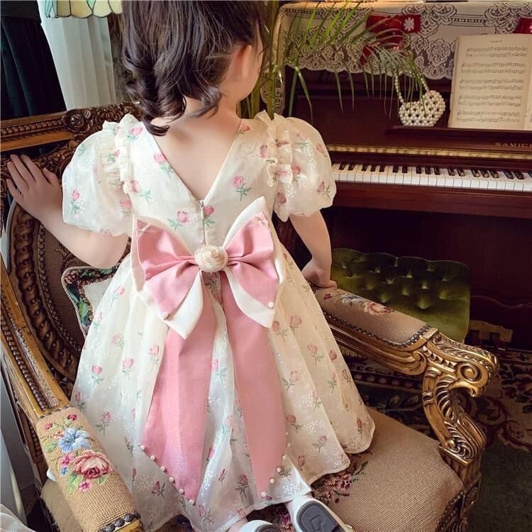 Girl's Princess Dress Summer 2024 New Style Children's Floral Dress Little Girl's Bow Puff Sleeve dress
