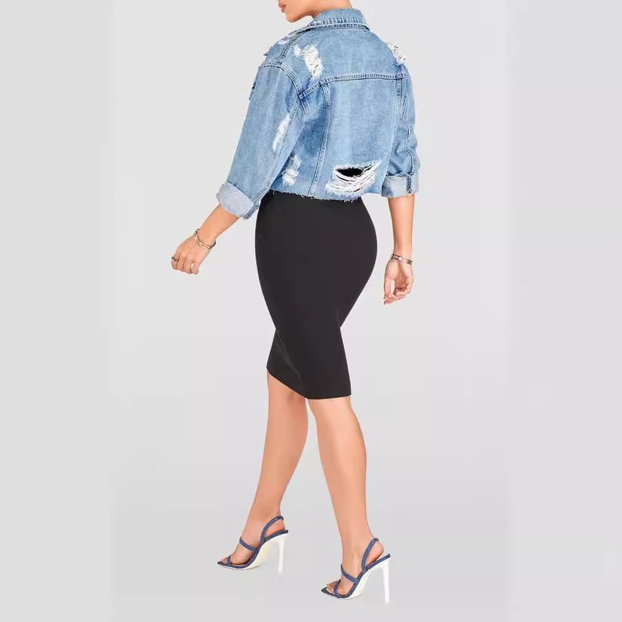 Women's Washed Distressed Short Denim Jacket