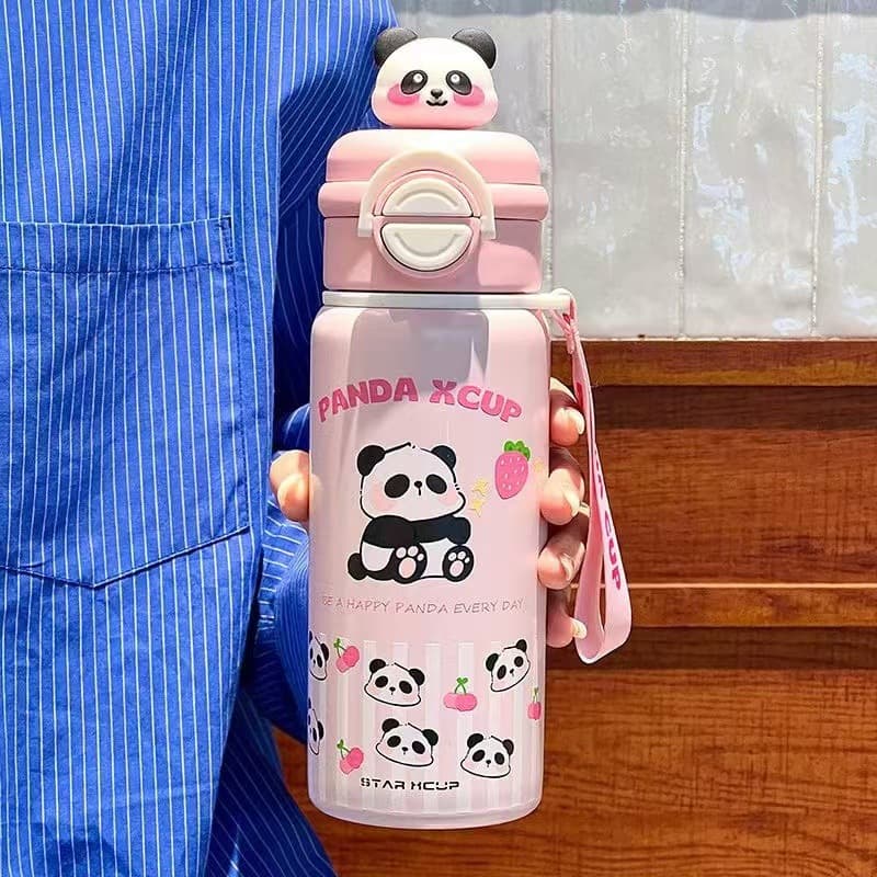 Cartoon Panda Double-Drink Insulated Cup Student Portable Sports Water Bottle Children's Straw Cup Double-Drink Design Gift Box