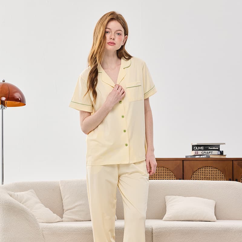 Class A Lenzing Modal Cotton Couple Pajamas Women Spring Summer with Padded Bra Short Sleeve Long Pants Women's Sleepwear Loungewear