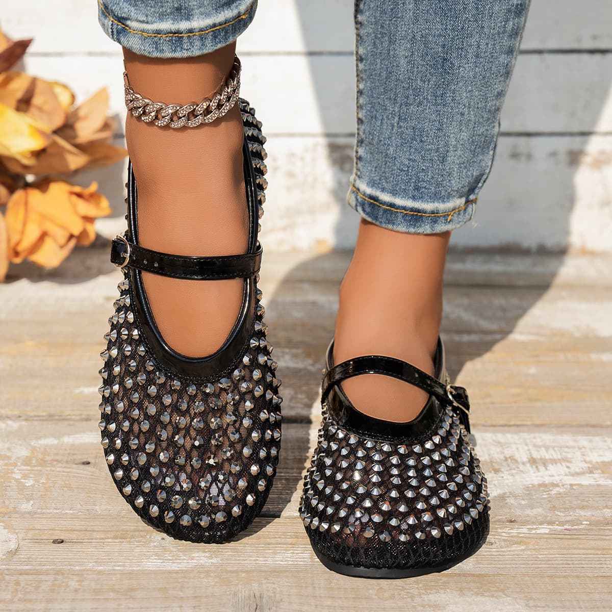Plus Size Flat Rhinestone Mesh Sandals 2026 Summer