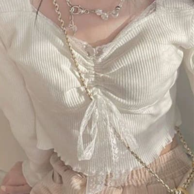 Pure Desire Style Soft Girl Long Sleeve T-Shirt for Women, New Autumn Sweet Lace Trim Short Slim Fit Base Layer Top