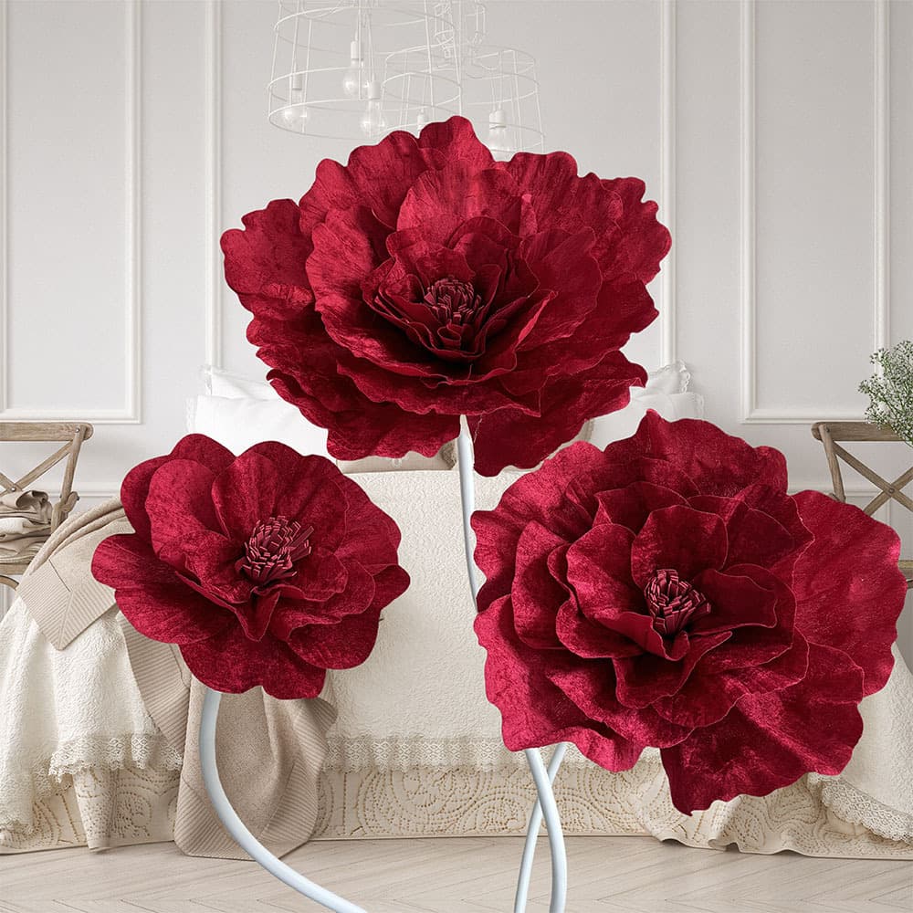 Large artificial velvet peony flowers for weddings, window displays, and photography studios; large wine-red artificial roses.
