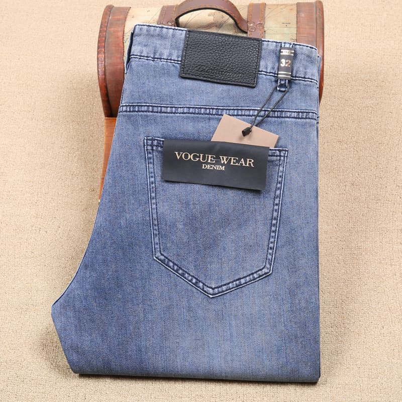 2023 New Arrival: Washed Blue Summer Style Men's Jeans - 100% Cotton & Polyester Stretch Mid-Rise Straight Leg Slim Fit
