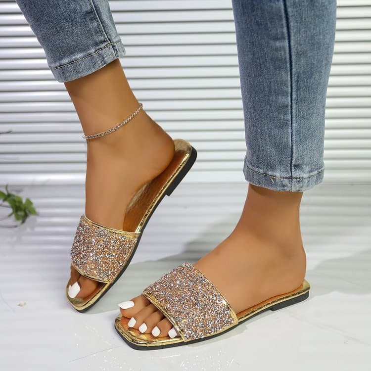 Women's Summer Fashion Outdoor 2025 New Rhinestone Sparkle One-Band Slide Sandals Wholesale