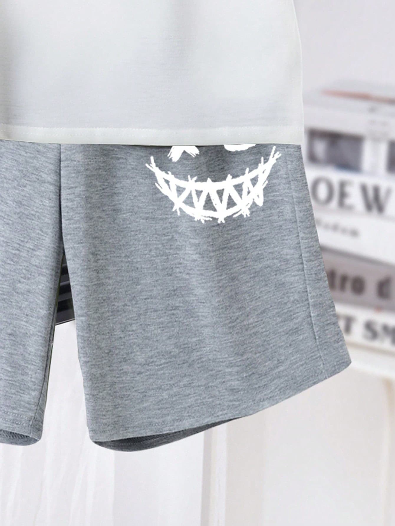 European and American export goods Amazon summer new hot selling devil smiley face print children's clothing set short-sleeved T-shirt and shorts