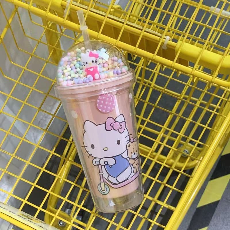 Swing Water Cup Cute Cartoon Hello Kitty Large Capacity Drinking Straw Cup Rotating