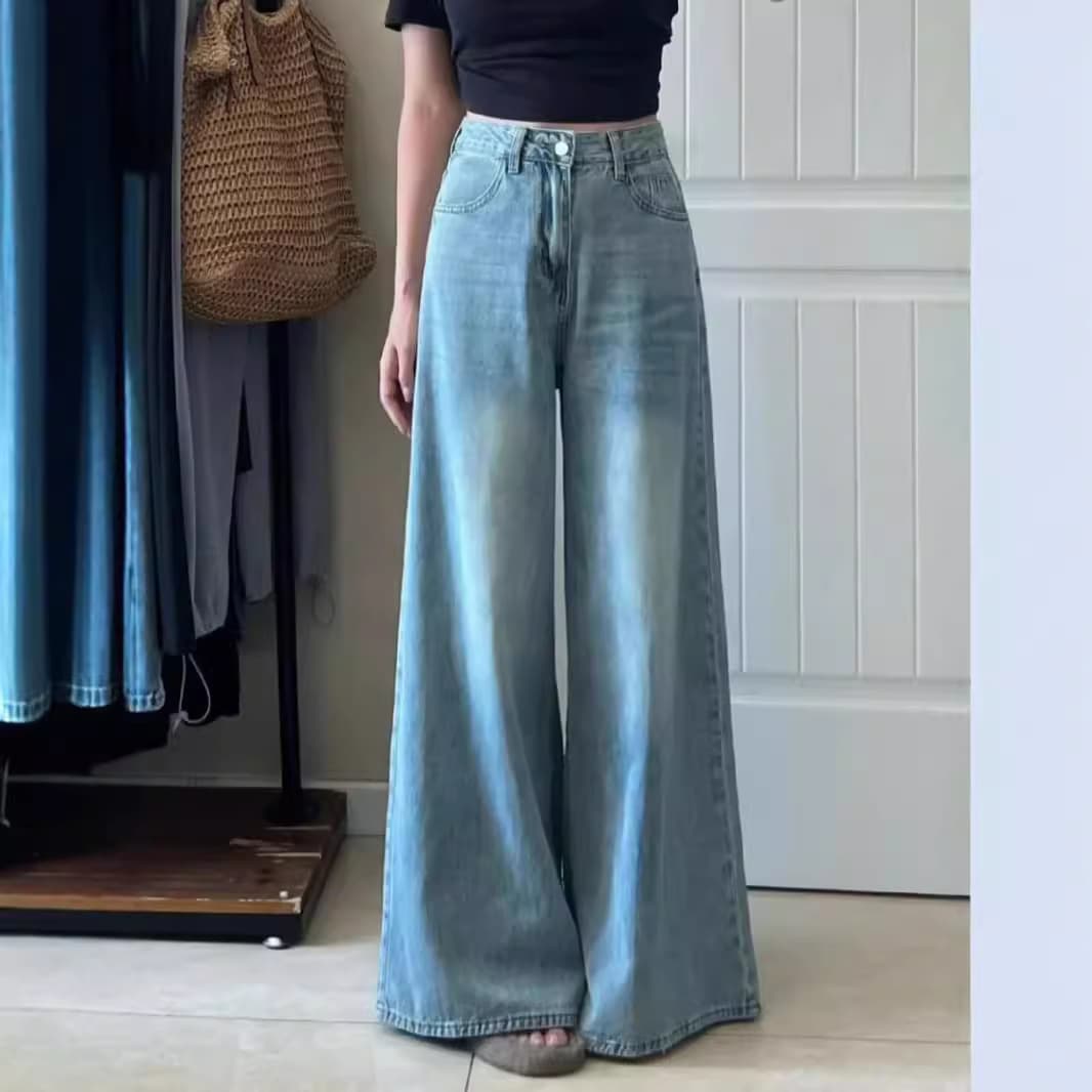 American Retro Wide-Leg Jeans for Women, Fall New Arrival, Petite High-Waist Straight Loose Fit with Draping Dad-Style Floor-Length Pants