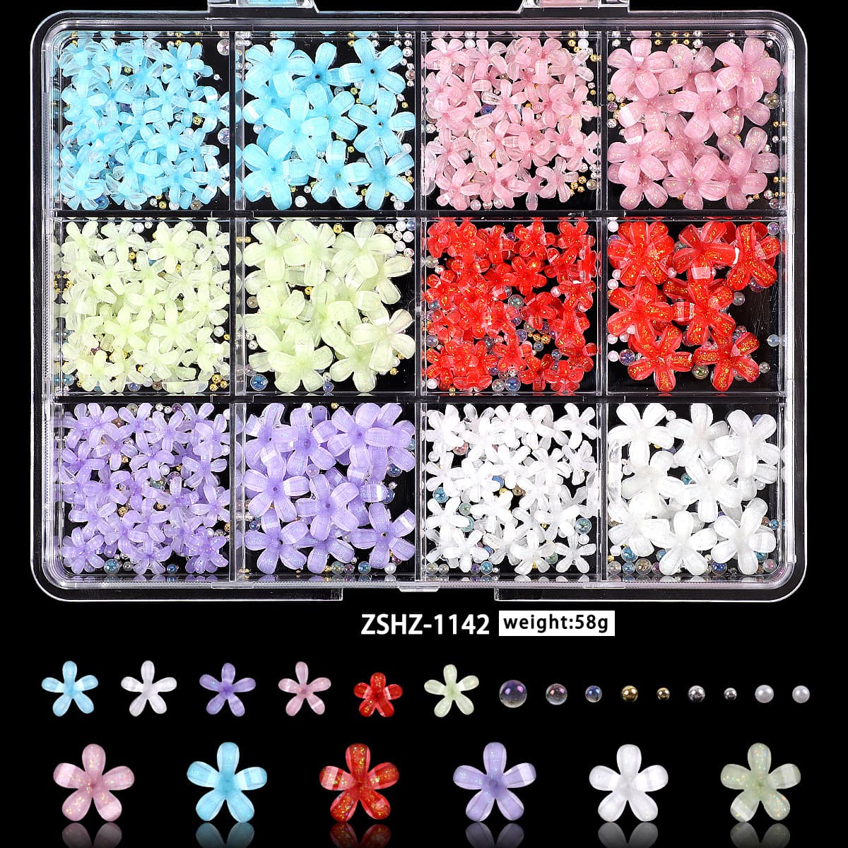 Trendy Popular 12-Grid Nail Art Accessories 3D Ice Carving Flower Transparent Five-Petal Flower White Flower Mixed Size Steel Beads DIY