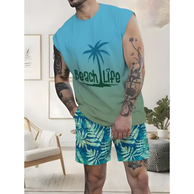 Cross-border Temu American-style 3D printed men's vest and shorts set, casual sport vest and shorts two-piece set
