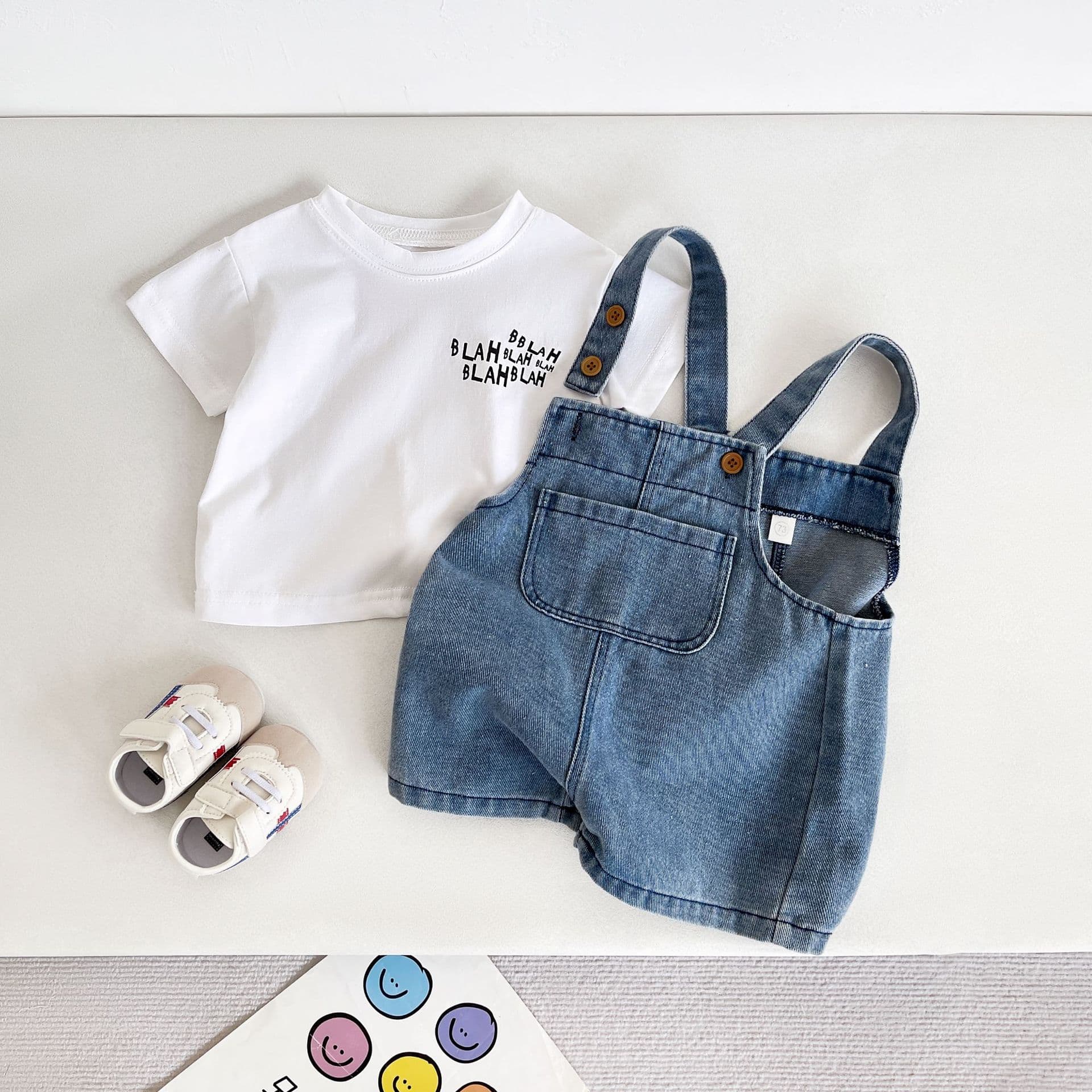 Baby Denim Overalls Shorts Set 2025 New Children's White T-Shirt Boys and Girls Summer Thin Two-Piece Set