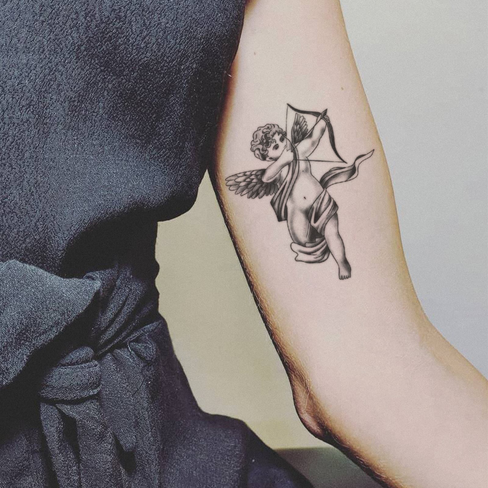 Retro realistic Cupid temporary tattoo stickers, waterproof and long-lasting, collarbone and shoulder style, dark and sophisticated.