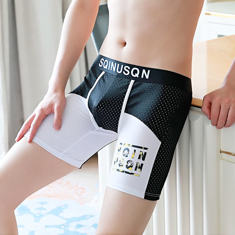 Summer Men's Ice Silk Boxer Briefs Mesh Extended Fashion Fitness Boxers Youth Sports Breathable Quick-Dry Underwear