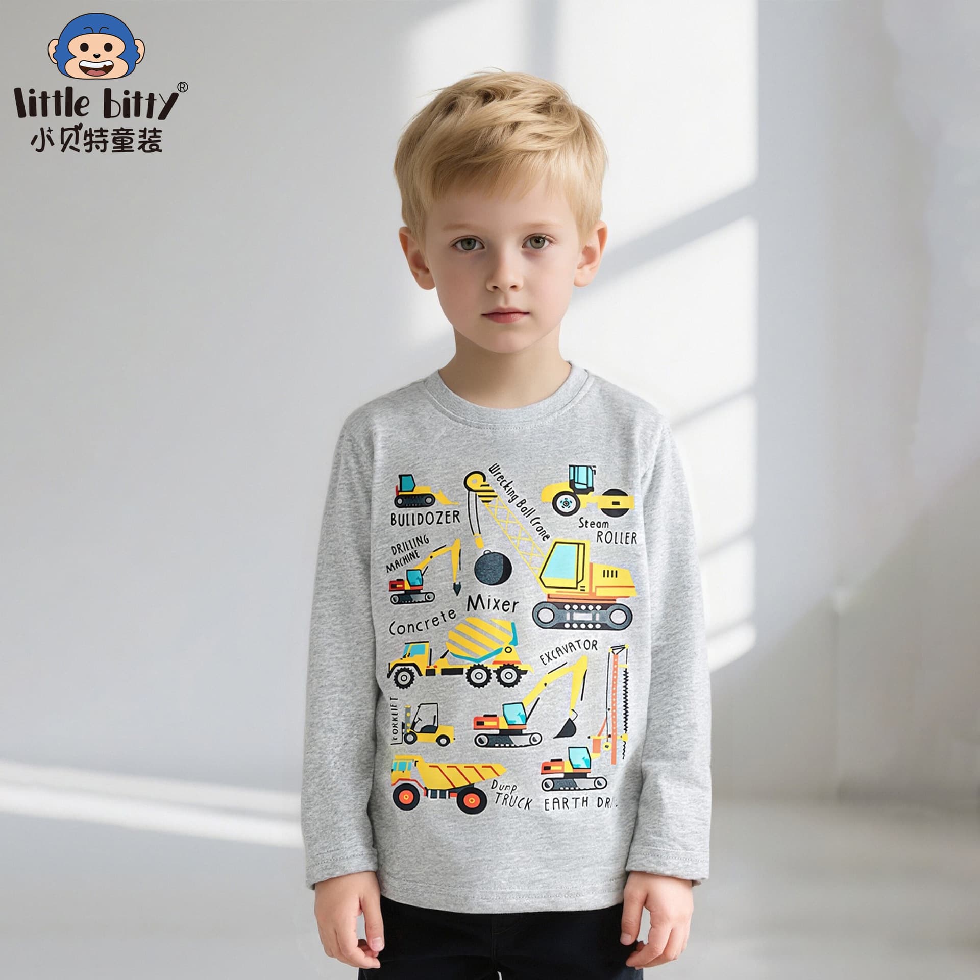European American 2025 Fall Winter Boys Long Sleeve T-Shirt Fashion Excavator Print Kids Cotton Undershirt Top Clothing