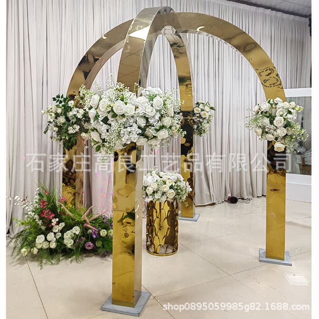 Stainless Steel Gold Mirror Curved Pavilion Arch Wedding Hall Decoration Ornaments Wedding Stage Metal Arch Props