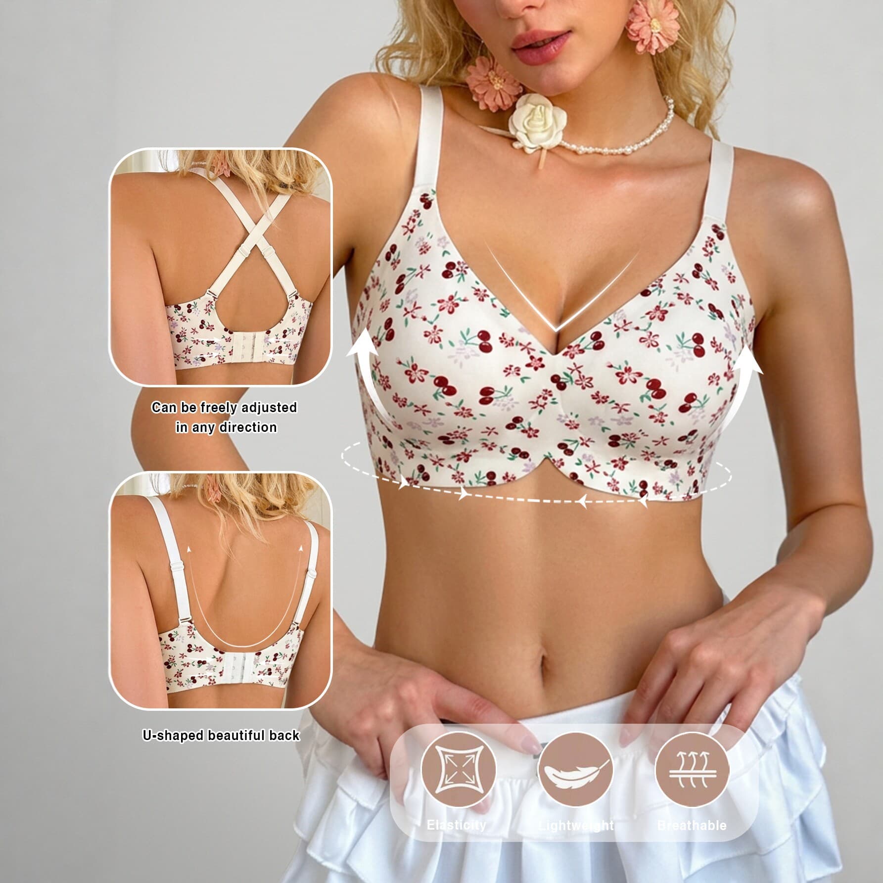 No-Wire Floral Push-Up Bra for Women with Small Busts, Makes the Bust Look Bigger, Breathable, Comfortable, with Lift and Beautiful Back Design