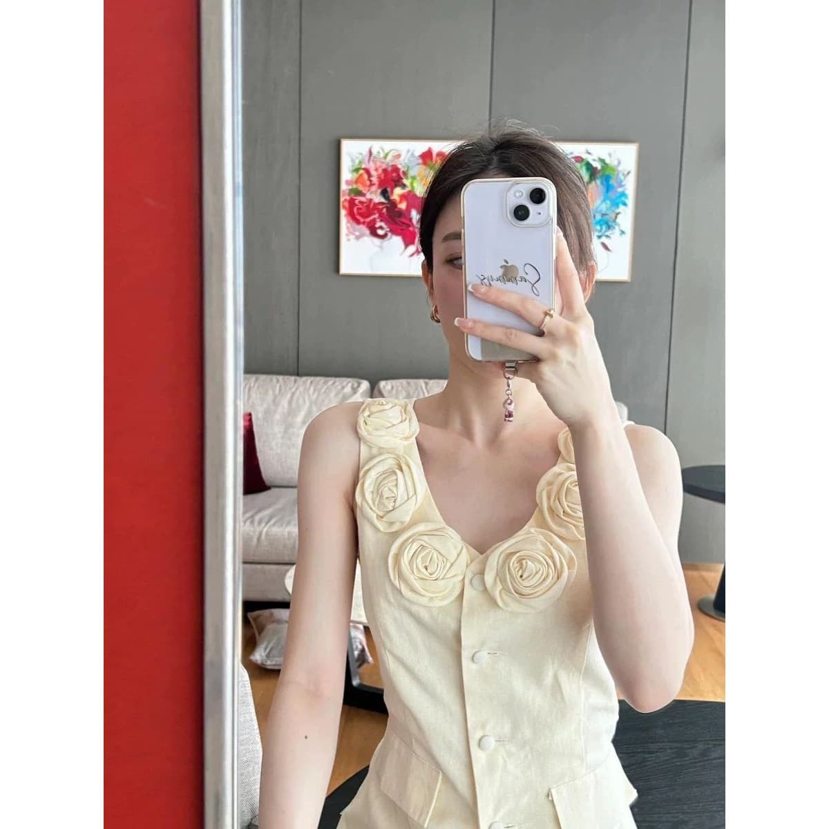 French-Style Pure Desire Style Three-Dimensional Floral Cardigan Vest for Women, Elegant Sleeveless Top in Yellow, Other Strap Styles, Mesh Fabric