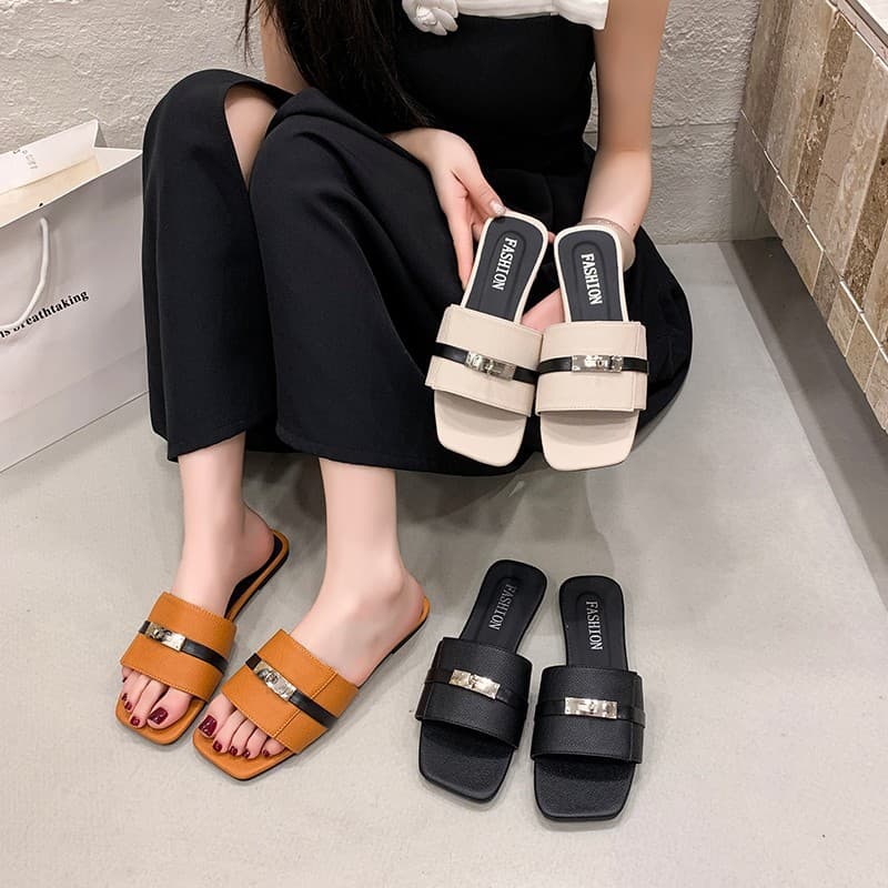 Summer Square Toe Flat Slide Sandals for Women 2026 Buckle Flat Beach Sandals Casual Outdoor Slippers