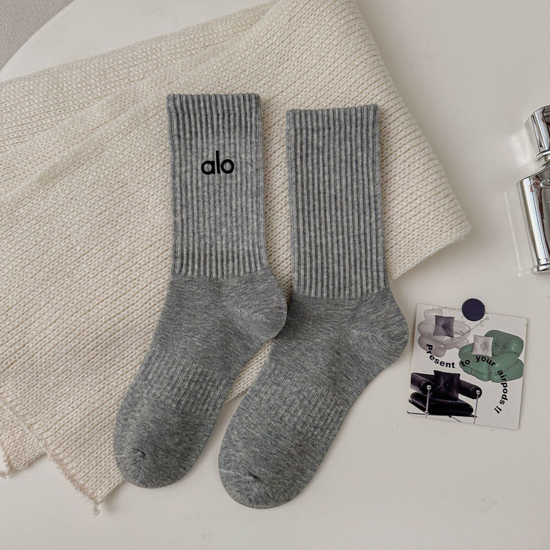 Autumn New Style Women's Pure Cotton Mid-Calf Socks, European Style ALO Long Socks, 2025 Silicone Letter Sports Socks, Zhuji