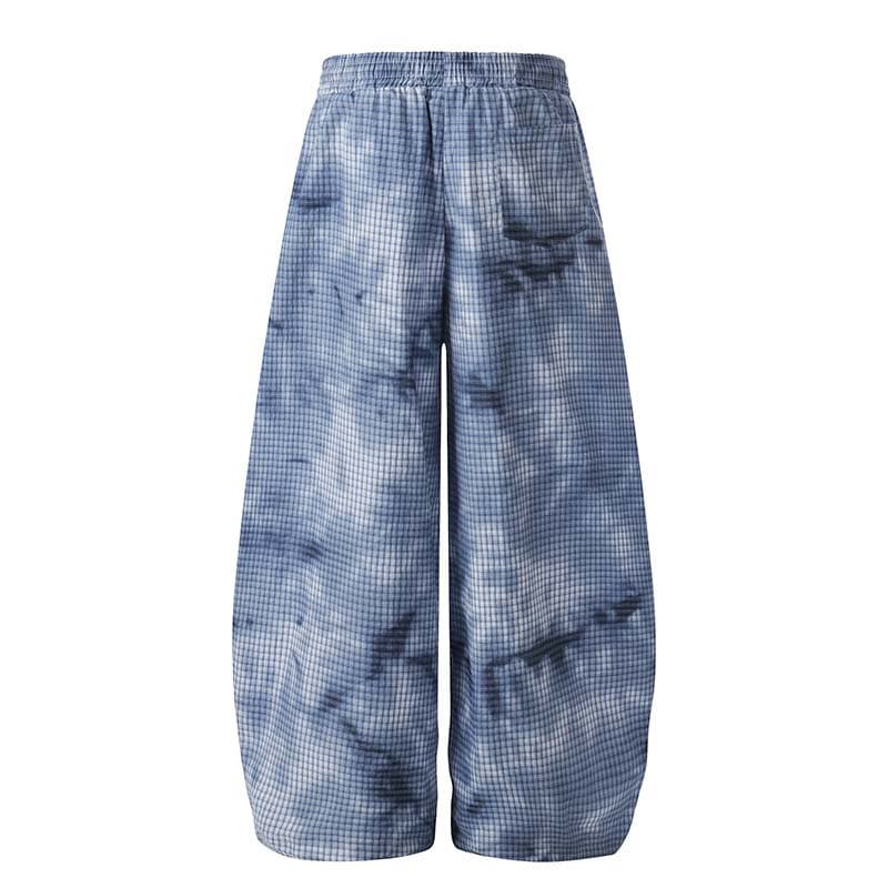 High Street American Pleated Blue Plaid Spray Wash Distressed Parachute Casual Pants Men Trendy Loose Wide Leg Pants