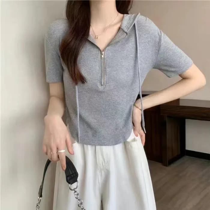 Zipper Hoodie Short Sleeve T-Shirt Women 2025 Summer New Korean Slim Fit Design Short Student Top Ins