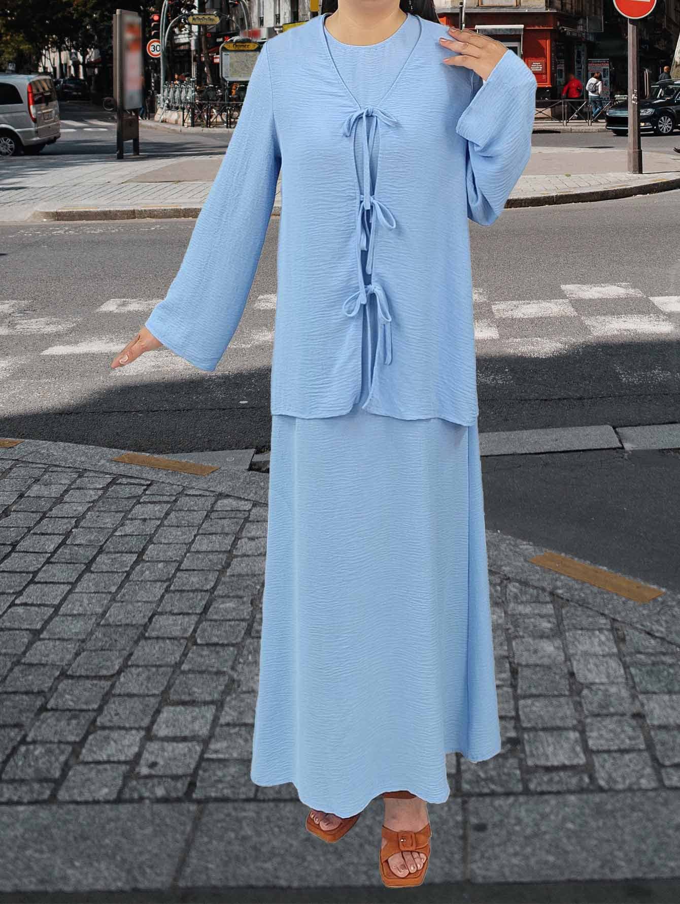 Abaya Set with Soft Style Tie-Front Cardigan and Flowing Long Skirt Elegant Two-Piece Set