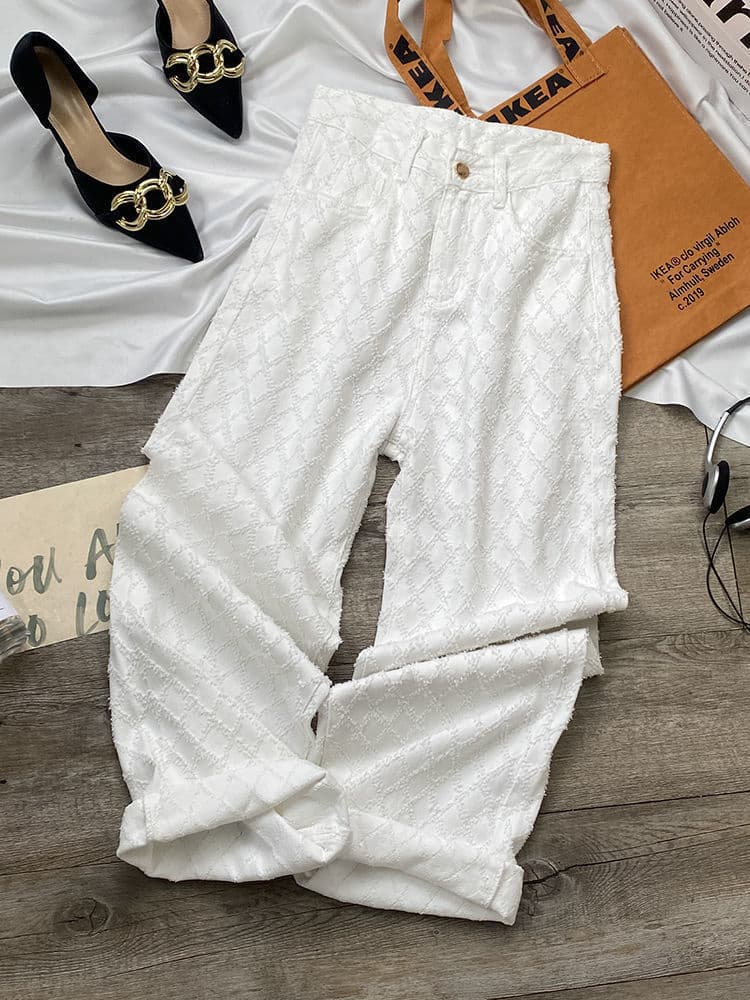 White Quilted Straight-Leg Jeans Autumn New 2025 High-Waisted Slimming Chanel-Style Loose Wide-Leg Floor-Length Pants