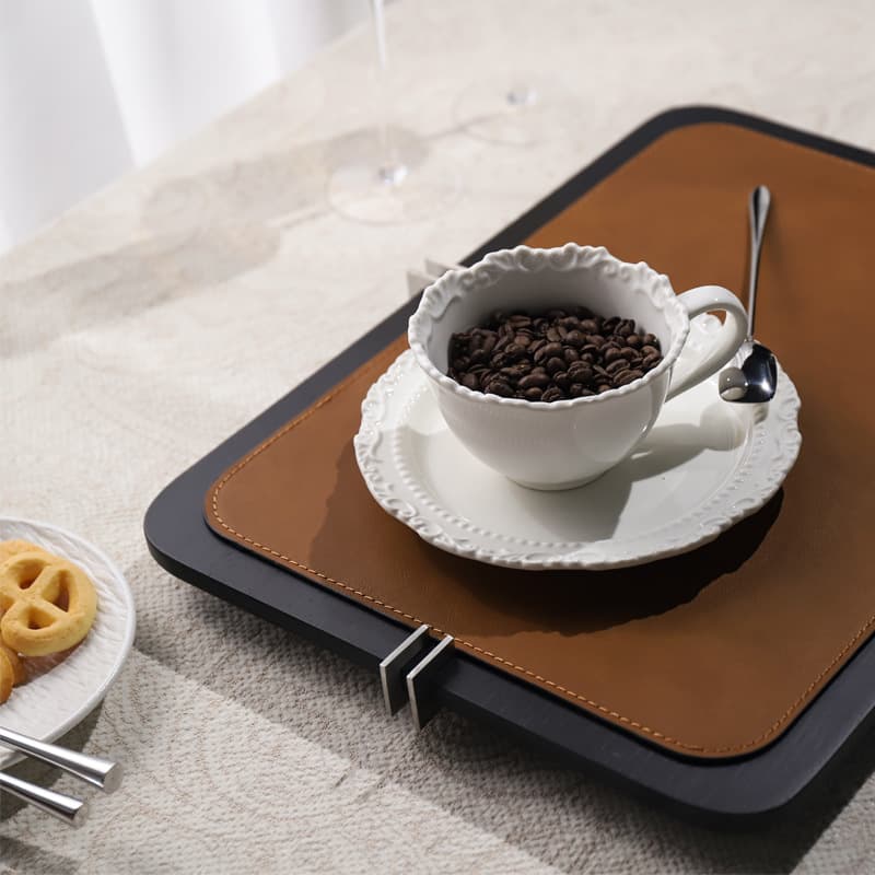 Duomo Home Black Solid Wood Leather Metal Decorative Tray Model Room Sales Office Home Decorative Storage Ornament