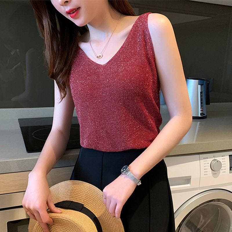 Ice Silk Camisole Vest Women Summer New Knit V-Neck Inner Belly Cover Top Versatile Slim Top Outer Wear