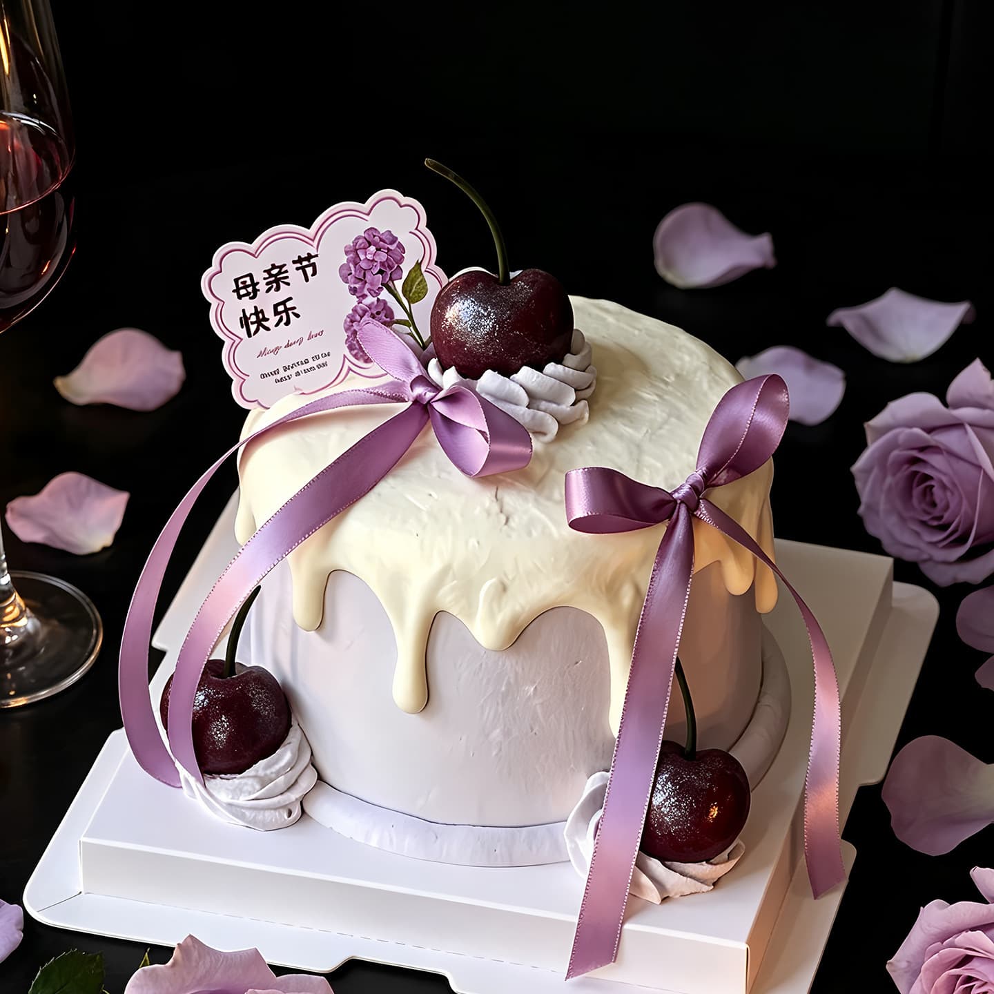 Happy Mother's Day cake decoration with hydrangea flower square card insert, ballet style ribbon bow accessory