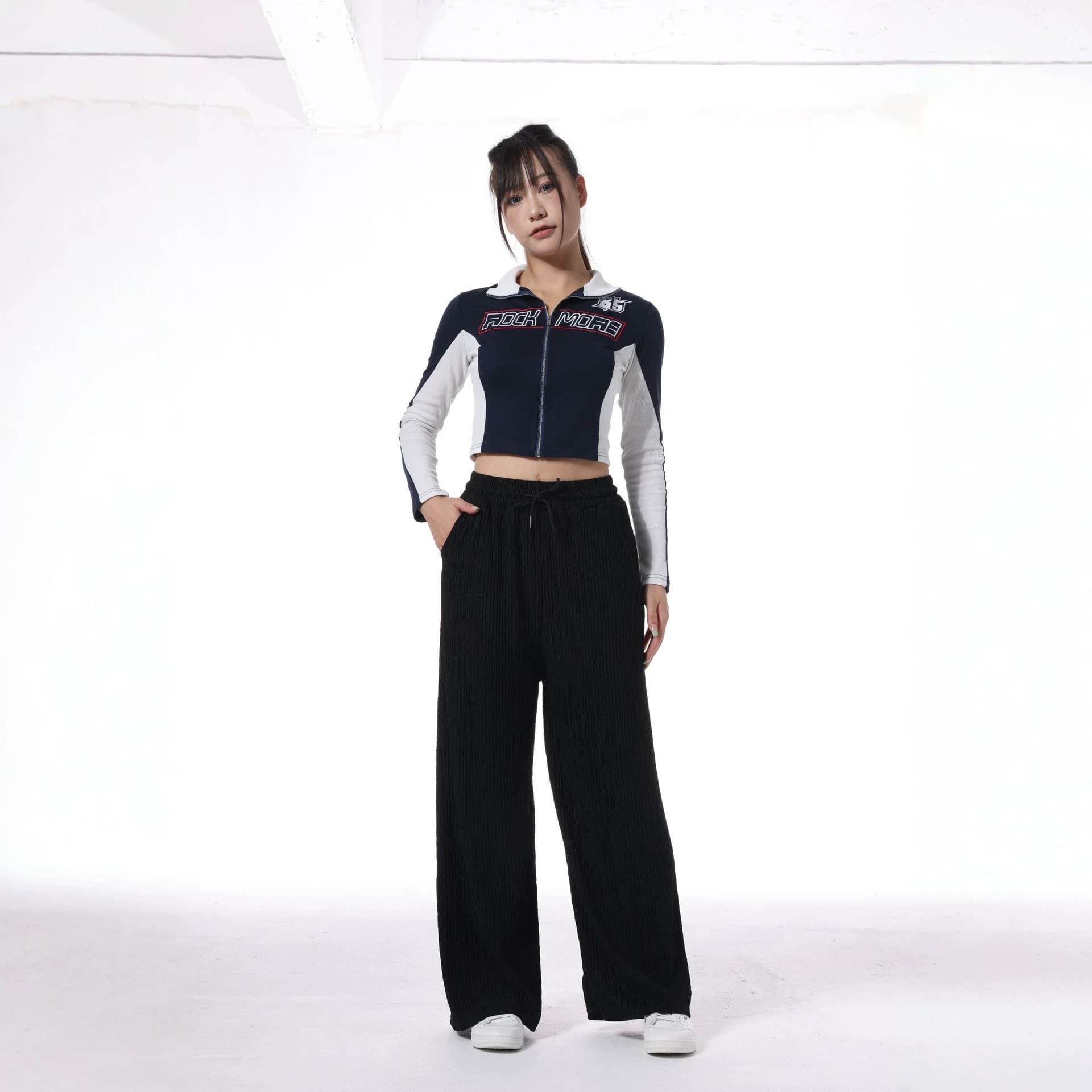 European and American cross-border spring/summer high-waist wide-leg pants with drawstring pockets, straight-leg loose polyester casual women's long pants