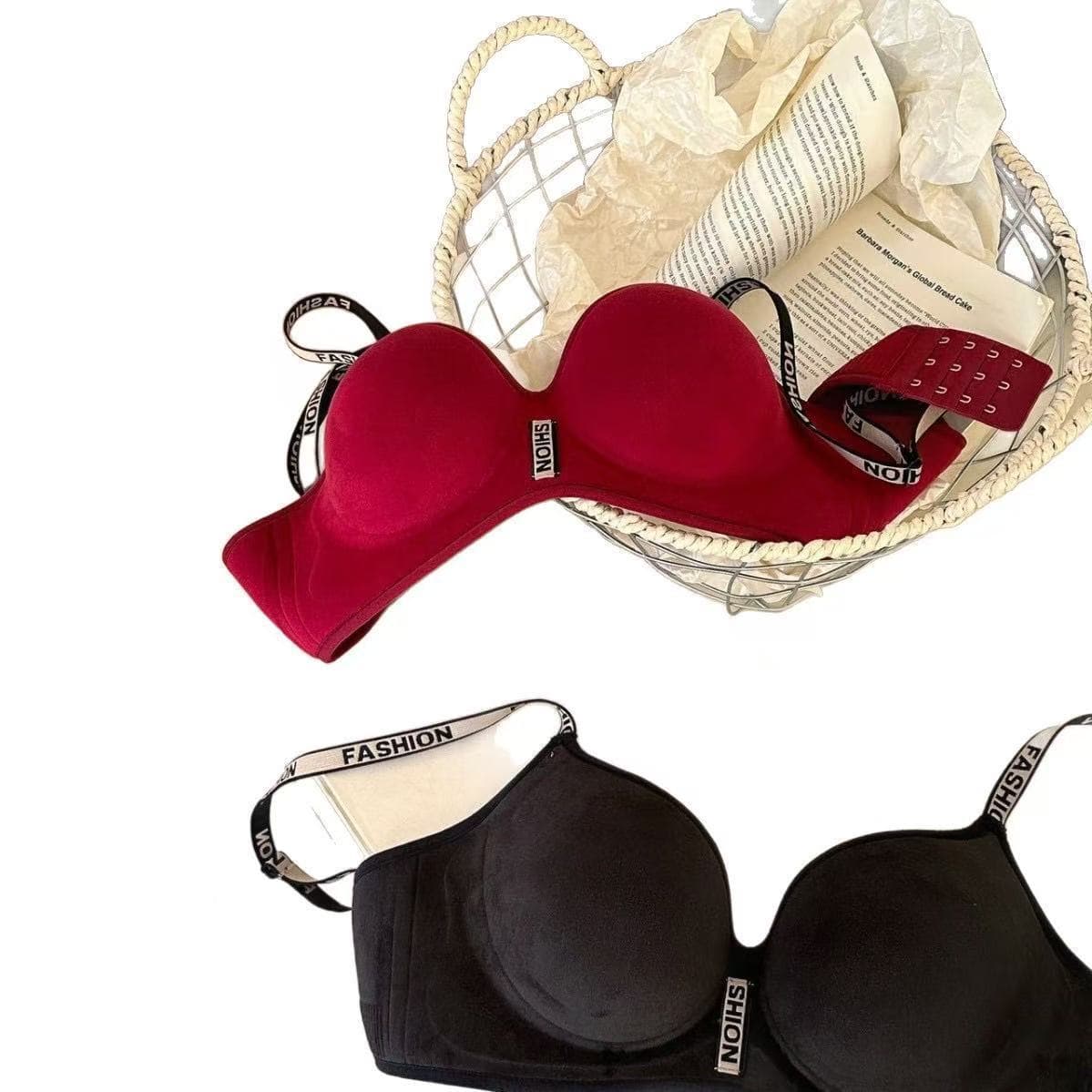 Autumn/Winter Thickened Push-Up Bra for Small Bust, Velvet Letter Straps, Lifts and Gathers Side Fat, Wire-Free