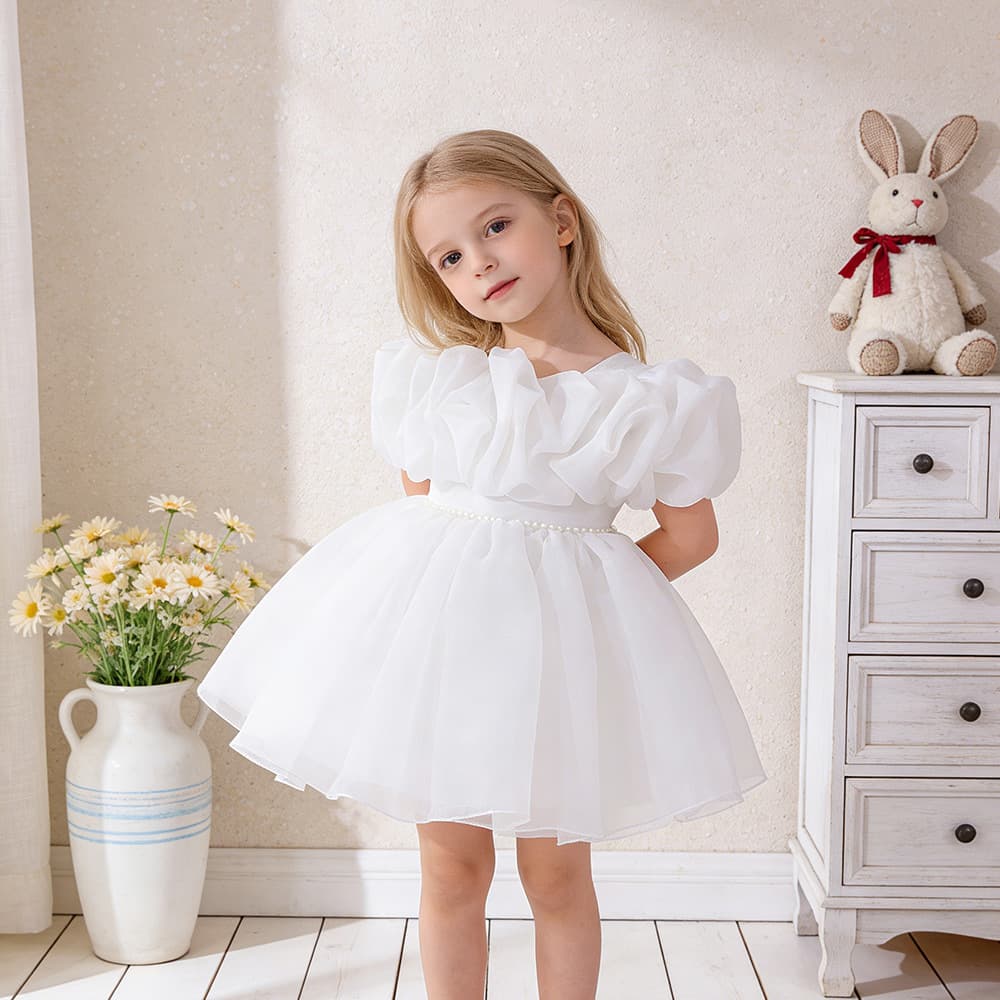 Girls Tulle Princess Dress New Bubble Sleeve Solid Color Catwalk Performance