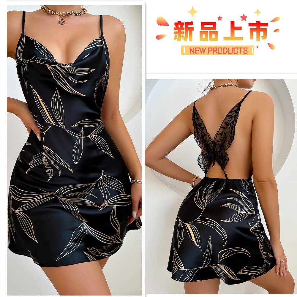 European and American style sexy backless home nightgown, faux silk dress, summer short V-neck cross strap dress