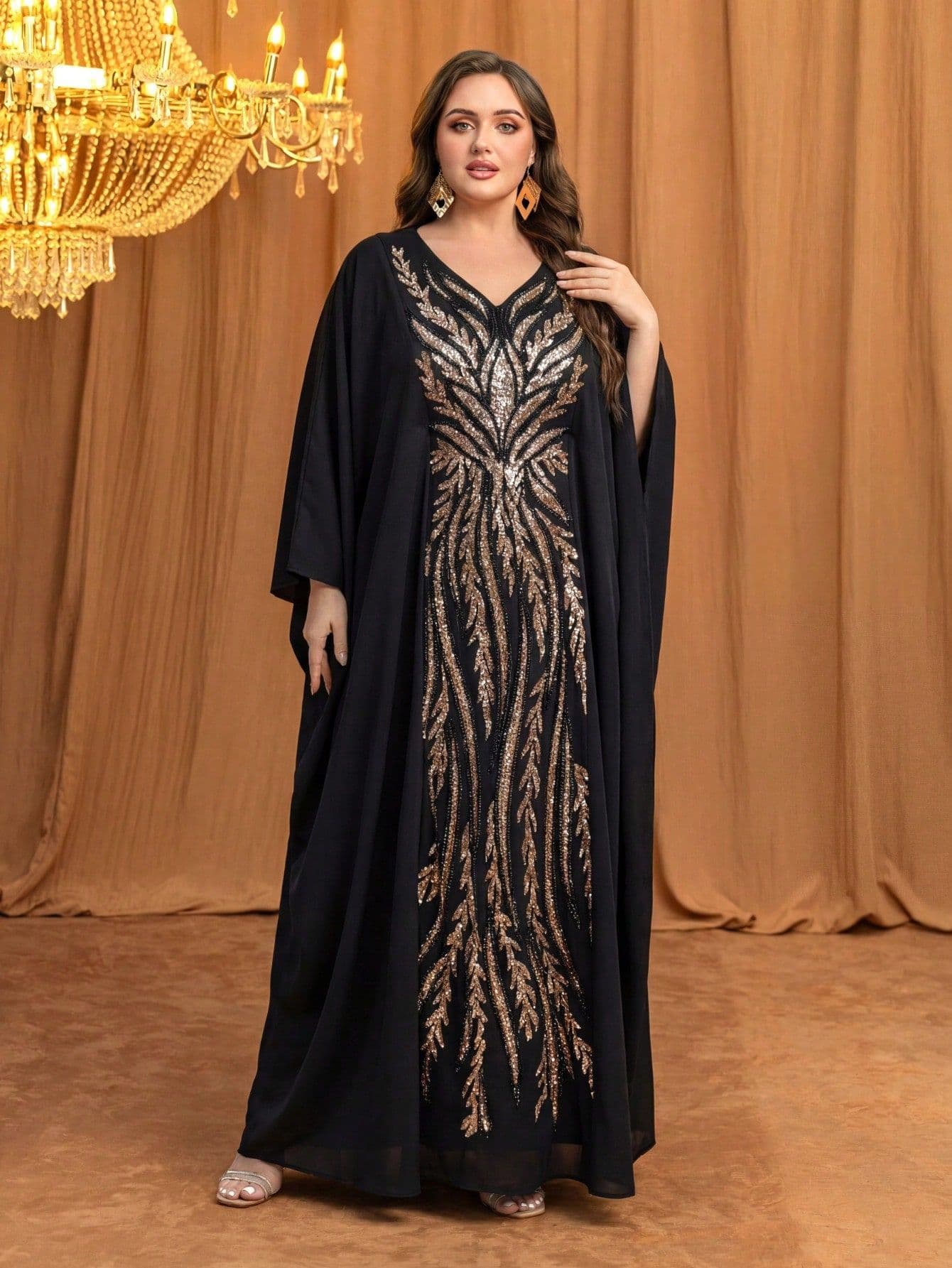Cross-Border Plus Size Women's Heavy Embroidery Long Dress Loose Bell Sleeve Evening Gown Robe Dress