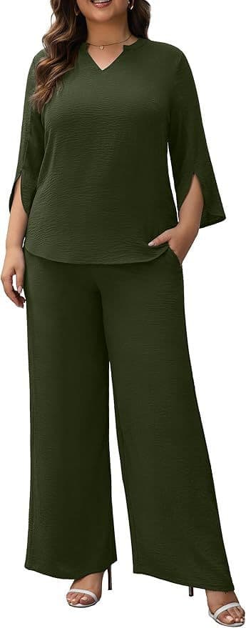 2026 Plus Size Women's Fashion V-Neck Loose Fit Wide Leg Capri Pants with Pockets and Flutter Sleeve Set