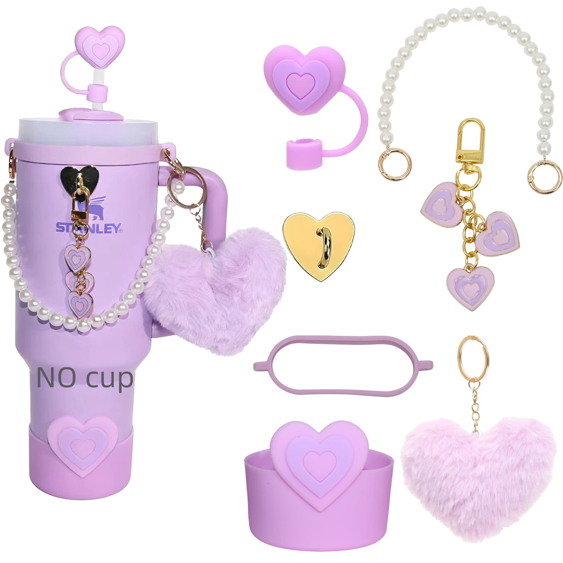 Stanley Water Cup Accessories Set Heart Seven-Piece Set Heart Hair Ball Heart Pendant Pearl Chain 40oz