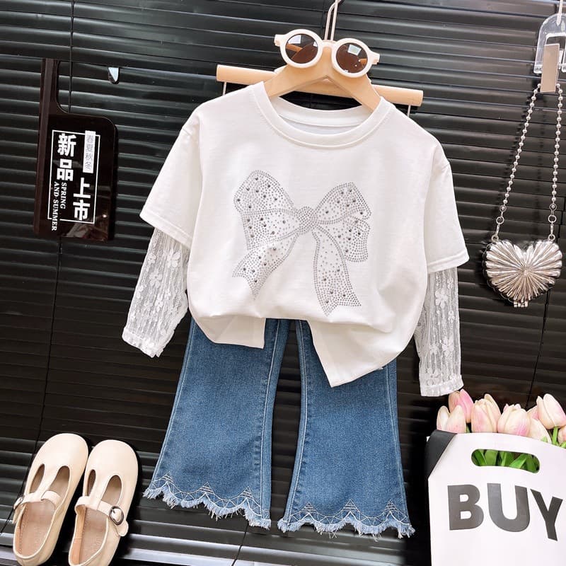 Spring New Children's Long-sleeved T-shirt Bow Hot Diamond Children's Wear Girls' T-shirt Lace Fake Two-piece Top