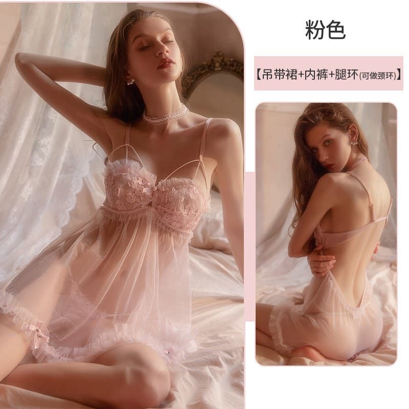 Sexy Lace See-Through Babydoll Sleepwear Set with Embroidery and Bubble Skirt