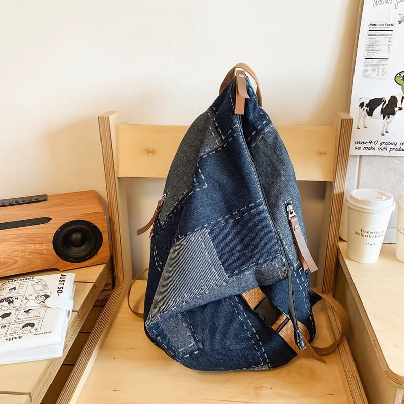 Washed Denim Backpack Women Artistic Casual Backpack Korean Fashion Personality Foldable Contrast Color Travel Backpack