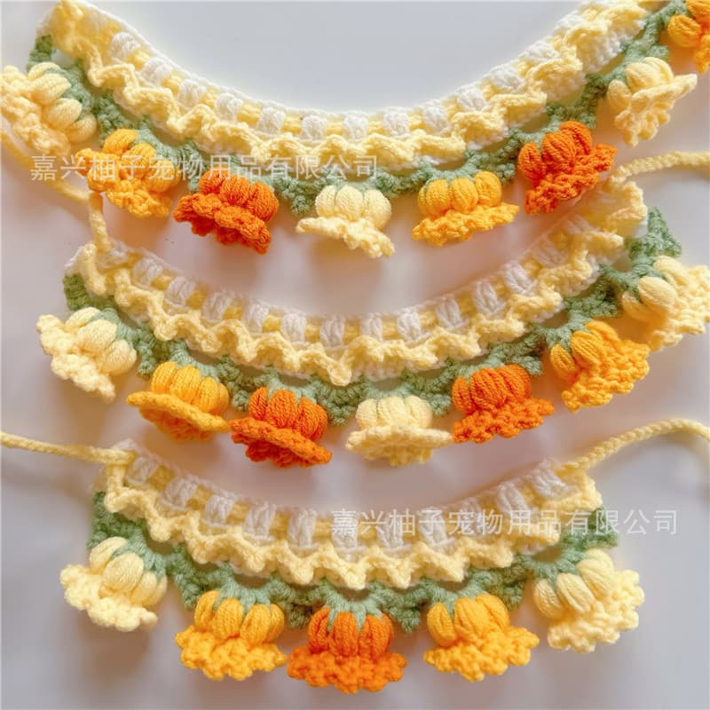Cute knitted scarves, neck warmers, pet bibs, and orchid flower accessories for cats and dogs (Instagram style).