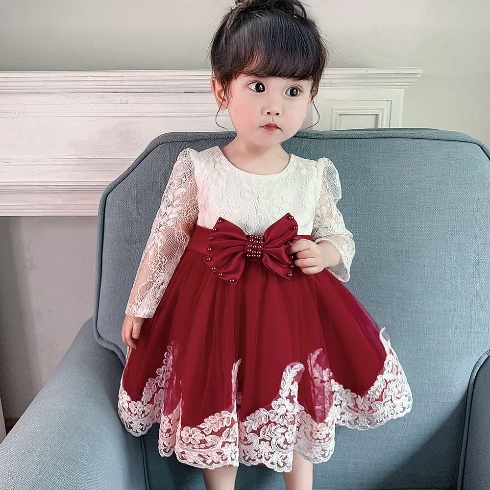2026 Amazon Children's Dress Baby First Birthday Gift Girl Lace Long Sleeve Puffy Baby Bath Dress
