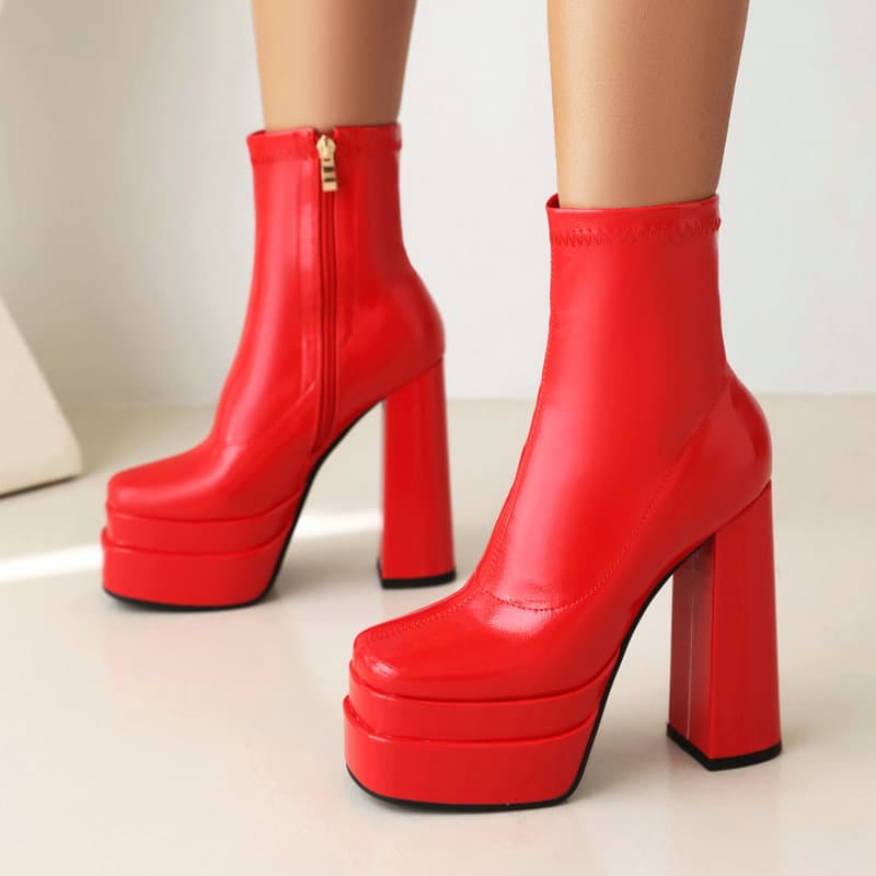Women's short boots, patent leather, double waterproof platform, chunky heel, high heel, side zipper, fashion boots, mid-calf boots, black Martin boots.