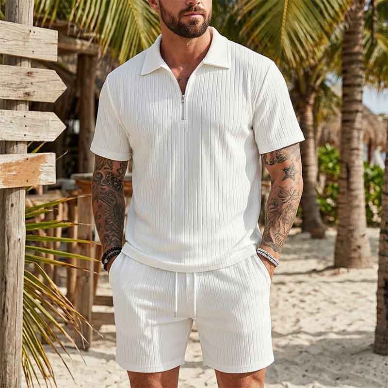 Cross-border men's summer casual sportswear set, breathable and quick-drying half-zip short-sleeved polo shirt and shorts.