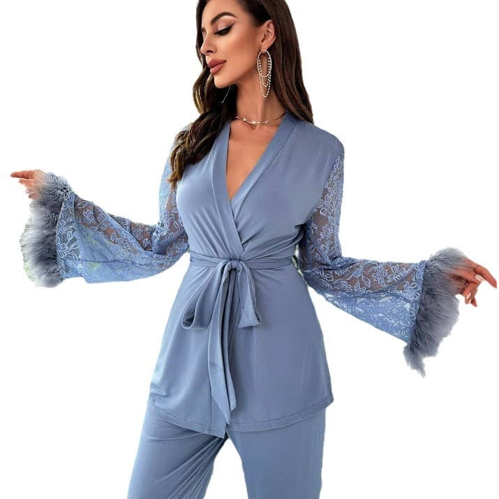 2024 Europe and America Amazon Cross-border New Stitching Lace V-Neck Pajamas Nightgown suit