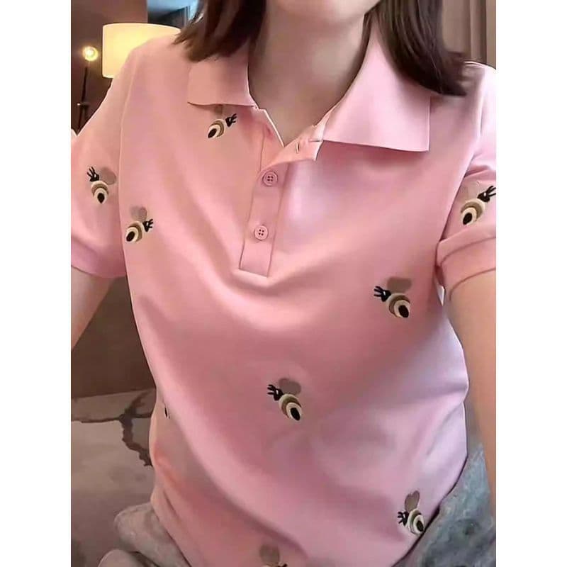 Big Size Heavy-Duty Bee Embroidery Lapel Short-Sleeve T-Shirt for Women Summer 2026 New Plus Size Loose Fitting Slimming Top