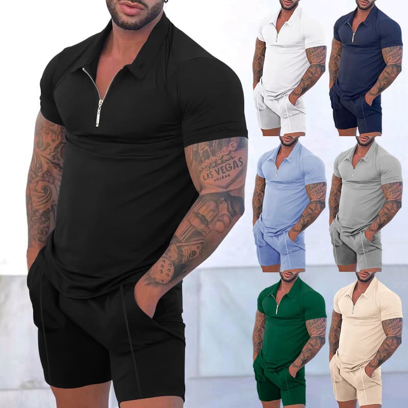 2025 Cross-Border European and American Men's New Independent Station Source Casual Contrast Color Polo Zip-Up Collar Short Sleeve Set